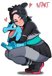  1boy 1girl artist_name beanie black_boots black_skirt blush boots closed_mouth crop_top eyeshadow fingerless_gloves full_body gloves green_hair grey_eyes grey_pantyhose hat heart highres holding holding_pokemon hug long_sleeves looking_at_viewer makeup medium_hair miniskirt mole mole_under_mouth naughty_taboos original pantyhose parted_bangs pleated_skirt pokemon pokemon_(creature) pokemon_legends:_z-a simple_background skirt smile squatting thighs tiptoes totodile undershirt white_background 