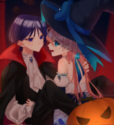  1girl alternate_costume artist_self-insert ascot black_cloak black_hat black_vest blue_bow blue_corset blue_eyes blue_gemstone blunt_ends bow braid brooch cloak closed_mouth corset couple cross-laced_clothes cross-laced_corset curtains detached_sleeves dress dress_shirt eyelashes fingernails formal_clothes frilled_shirt_collar frilled_sleeves frills gem genshin_impact glint hair_behind_ear halloween halloween_costume hand_on_another&#039;s_back hand_on_another&#039;s_stomach hat hat_bow hetero highres jack-o&#039;-lantern jewelry long_hair long_sleeves looking_at_another looking_at_viewer oc_x_canon open_mouth original pink_hair purple_hair red_cloak scaramouche_(genshin_impact) sharp_fingernails shirt sideways_mouth single_braid sitting_between_lap strapless strapless_dress tareme tongue tsurime two-sided_cloak two-sided_fabric vampire_costume vest violet_eyes white_ascot white_dress white_shirt white_sleeves wispy_bangs witch witch_hat yoontrsh 