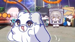  2boys 3girls camera candy dan_heng_(honkai:_star_rail) evernight_(honkai:_star_rail) food ghost ghost_costume hair_between_eyes halloween halloween_costume highres holding holding_camera honkai:_star_rail honkai_(series) march_7th_(honkai:_star_rail) mikurumikurumi multiple_boys multiple_girls pom-pom_(honkai:_star_rail) shirt short_hair stelle_(honkai:_star_rail) taking_picture trailblazer_(honkai:_star_rail) trash_can trick_or_treat 