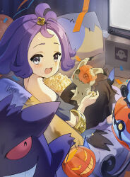  1girl :d acerola_(pokemon) armlet blush chandelure commentary dress food gengar grey_eyes hair_ornament hairclip halloween halloween_bucket happy highres indoors innochan jewelry mimikyu off_shoulder on_lap open_mouth pokemon pokemon_(creature) pokemon_on_lap pokemon_sm popcorn purple_hair short_hair sitting smile stitches topknot 