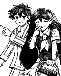  1boy 1girl absurdres antenna_hair artist_name blush bright_pupils bu3hgg closed_eyes closed_mouth collarbone collared_shirt double-parted_bangs greyscale hair_between_eyes hero_(headspace)_(omori) hero_(omori) highres holding holding_picnic_basket long_hair long_sleeves looking_at_another mari_(headspace)_(omori) mari_(omori) monochrome neckerchief omori open_mouth pajamas pants picnic_basket pleated_skirt shirt short_hair short_sleeves simple_background skirt smile striped_clothes striped_pajamas striped_pants sweater_vest twitter_username vertical-striped_clothes vertical-striped_pajamas vertical-striped_pants 