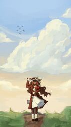  1girl bouquet bow brown_dress brown_hair brown_hat brown_shoes dark-skinned_female dark_skin dress frozen_soul hair_bow hat highres himeovrdse holding holding_bouquet low-tied_sidelocks nashatra_bealdhild roblox shoes sidelocks solo standing white_bow wide_shot 