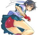  ass black_hair buruma gloves headband kasugano_sakura panties pleated_skirt pumpkin_kingdom school_uniform serafuku short_hair skirt solo street_fighter upskirt 