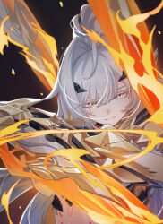  1girl absurdres armored_gloves chinese_commentary closed_mouth commentary_request erdos_helia erdos_helia_(planar_armament:_warped_spacetime) fire grey_hair hair_intakes highres holding holding_sword holding_weapon honkai_(series) honkai_impact_3rd long_hair m78_zaitaoaotezhanshi midriff mole mole_under_eye scar scar_across_eye scar_on_face solo sword upper_body weapon yellow_eyes 