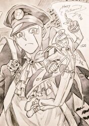  2boys amasora0 arm_up ascot belt brothers candy closed_mouth coat commentary cross cross_necklace emmet_(pokemon) flower food full_body greyscale happy_halloween hat holding index_finger_raised ingo_(pokemon) jewelry long_sleeves male_focus monochrome multiple_boys necklace open_mouth pants peaked_cap pokemon pokemon_bw rose shoes short_hair siblings silk spider_web twins wrapped_candy 