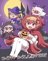  3girls :3 :d alternate_costume animal_ear_fluff animal_ears bell black_shoes blonde_hair blush capelet cat_ears cat_girl cat_tail chibi closed_eyes closed_mouth commentary_request cosplay death_(entity) dress fox_ears fox_girl fox_tail frilled_skirt frills full_body full_moon goutokuji_mike grim_reaper grim_reaper_(cosplay) hair_between_eyes hair_ribbon halloween halloween_bucket hat highres hood hood_up hooded_capelet kudamaki_tsukasa long_sleeves looking_at_viewer moon multiple_girls neck_bell open_mouth pig purple_dress purple_hat red_capelet red_eyes red_ribbon red_skirt ribbon rokugou_daisuke rumia shirt shoes short_hair signature skirt smile tail thigh-highs tongue tongue_out touhou white_shirt white_thighhighs witch_hat 