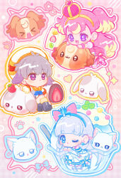  &gt;_&lt; 1boy 2girls :&lt; ;o absurdly_long_hair animal-themed_food bare_shoulders beret blonde_hair blue_crown blue_eyes blue_neckerchief blue_outline blue_shoes blue_sleeves blunt_bangs blunt_ends boots border bow bowl chibi closed_mouth clothing_cutout colored_tips commentary_request crossed_ankles crown crown_earrings cure_nyammy cure_wonderful daifuku dress dress_bow earrings expressionless eyelashes food frilled_dress frilled_sleeves frilled_thighhighs frilled_wrist_cuffs frills frown glass_bowl gloves grey_boots grey_hair grid_background hair_bow hair_ears hairband hat hat_ornament heart heart_hat_ornament high_heels highres icing in_bowl in_container inukai_komugi inukai_komugi_(dog) jewelry kashitani_futaba knee_up kneeling large_bow long_hair magical_boy magical_girl mini_crown mochi multicolored_hair multiple_girls neckerchief nekoyashiki_yuki nekoyashiki_yuki_(cat) one_eye_closed open_mouth outline outside_border paw_print pink_boots pink_border pink_bow pink_crown pink_dress pink_hair pink_outline pink_thighhighs pink_wrist_cuffs plaid_border precure puffy_short_sleeves puffy_sleeves pumps sailor_collar sailor_shirt shaved_ice shirt shoes short_dress short_hair short_sleeves shoulder_cutout sitting straight_hair streaked_hair striped_clothes striped_sleeves striped_thighhighs tareme thigh-highs toyama_daifuku toyama_daifuku_(rabbit) toyama_satoru_(magical_boy) two-tone_hair two-tone_thighhighs very_long_hair violet_eyes watermark white_arm_warmers white_background white_bow white_dress white_gloves white_hat white_shirt white_sleeves white_thighhighs wonderful_precure! wrist_cuffs yellow_hairband yellow_outline yellow_sailor_collar yellow_theme 