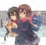  bag black_hair blazer blush brown_eyes brown_hair food hirasawa_yui hug hug_from_behind k-on! long_hair multiple_girls nakano_azusa niangao pantyhose paper_bag scarf school_bag school_uniform short_hair snow snowing striped striped_scarf taiyaki twintails wagashi 