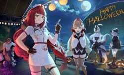  2boys 4girls alice_thymefield alternate_costume animal_ears bat_(animal) belle_(delicate_sunlight)_(zenless_zone_zero) belle_(zenless_zone_zero) black_dress black_skirt black_thighhighs blonde_hair blood blood_on_cheek blood_on_clothes braid closed_mouth dog_boy dog_ears dog_tail dress fingerless_gloves full_moon gloves halloween halloween_costume hand_on_own_hip happy_halloween hat heterochromia highres holding holding_syringe jack-o&#039;-lantern komano_manato long_hair looking_at_viewer low_twin_braids low_twintails lucia_elowen monster_girl moon multiple_boys multiple_girls night night_sky nurse nurse_cap official_alternate_costume open_mouth pumpkin rabbit_ears rabbit_girl red_eyes red_gloves red_hair scylla shirt skirt sky syringe tail tentacle_girl tentacles thigh-highs thigh_strap twin_braids twintails ukinami_yuzuha very_long_hair white_dress white_hat white_shirt wise_(soaring_crane)_(zenless_zone_zero) wise_(zenless_zone_zero) witch_hat yellow_eyes yidhari_murphy yukii91218 zenless_zone_zero 