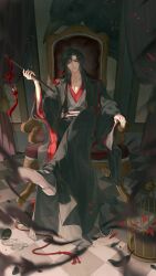  1boy ahoge animal aura bird birdcage black_bird black_boots black_coat black_eyes black_feathers black_hair black_hanfu black_smoke blurry blurry_foreground boots cage chair checkered_floor chenqing_flute chinese_clothes closed_mouth coat crossed_legs crow curtains dizi english_commentary falling_feathers falling_petals feathers flower flute flute_tassel full_body grey_sash hair_down hair_ribbon half_updo hand_up hanfu highres holding holding_flute holding_instrument indoors instrument long_hair long_sleeves looking_at_viewer male_focus modao_zushi official_alternate_costume official_alternate_hairstyle open_clothes open_coat oversized_animal parted_lips petals red_petals red_ribbon red_sash ribbon robe sash sitting sitting_on_throne smile solo tassel throne transverse_flute wei_wuxian wei_wuxian_(yiling_laozu) wide_sleeves ymggklk0810 