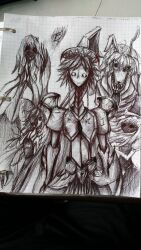  5girls animal_ears apron arm_cannon arm_up armor ascot back_spikes body_horror bow braid claws commentary cross detached_sleeves empty_eyes frilled_bow frilled_hair_tubes frills frog_hair_ornament greyscale hair_between_eyes hair_bow hair_ornament hair_tubes hakurei_reimu hat hat_bow hatching_(texture) herushiart highres hollow_eyes horror_(theme) izayoi_sakuya kirisame_marisa knight kochiya_sanae long_hair long_neck maid_headdress monochrome monster monster_girl multiple_girls open_mouth rabbit_ears rabbit_girl roman_numeral shaded_face sharp_teeth short_hair shoulder_armor signature single_hair_tube skirt snake_hair_ornament spanish_commentary tall_female teeth touhou touhou_igyoukyo traditional_media twin_braids variant_marisa variant_reimu variant_reisen variant_sanae variant_youmu vertical_mouth waist_apron weapon witch_hat yin_yang 