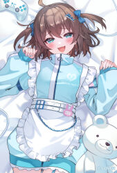  1girl ahoge apron aqua_eyes bed_sheet blue_jacket brown_hair commentary_request crossed_bangs double-parted_bangs frilled_apron frills hair_between_eyes hololive jacket jersey_maid long_sleeves looking_at_viewer lying maid natsuiro_matsuri noir_eku official_art on_back open_mouth solo unconventional_maid virtual_youtuber white_apron 