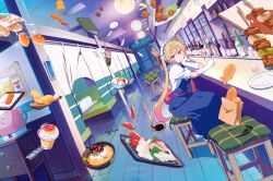  1girl absurdres blonde_hair blu-ray_cover blush bread bread_slice breasts chair chicken_(food) chopsticks cooking_pot cover cup dragon_girl dragon_horns food fried_chicken gradient_hair highres horns indoors kobayashi-san_chi_no_maidragon long_hair looking_at_viewer maid maid_headdress meat medium_breasts mug multicolored_hair necktie official_art orange_hair plate restaurant sandwich sauce sausage shrimp sitting skirt slit_pupils smile socks spoon stool striped_clothes striped_socks suit sushi toast tohru_(maidragon) twintails vegetable 