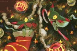  black_eyes candy candy_cane christmas christmas_ornaments christmas_stocking christmas_tree closed_eyes dreepy floating food highres no_humans oisisabatugun open_mouth pokemon pokemon_(creature) star_(symbol) 