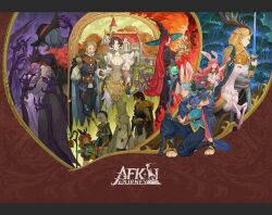  5boys 6+girls absurdres afk_(series) afk_journey aiming animal_ears animal_feet animal_on_head animal_on_shoulder antlers aqua_jacket aqua_shirt arm_behind_back armor arrow_(projectile) backpack bag barrel beard belt beret bird bird_on_head black_cape black_cat black_dress black_gloves black_hat black_pants black_shorts blonde_hair blue_cape blue_cloak blue_eyes blue_hair blue_hat blue_pants blue_tunic blunt_ends bow bow_(weapon) bradduck_(afk) braid breasts brown_bag brown_belt brown_cape brown_eyes brown_hair building cape cassadee_(afk) cat cat_on_shoulder cloak closed_eyes closed_mouth clouds collared_shirt commentary copyright_logo copyright_name day deer deer_antlers dress duck earrings eironn_(afk) elbow_gloves english_commentary facial_hair facing_away fire floating_hair food forest franz_(afk) frilled_sleeves frills fruit fur-trimmed_cape fur_trim gloves gold_trim grapes green_eyes green_gloves grey_cloak grey_hair grey_shirt hair_ornament half_up_half_down_braid hand_up hat highres holding holding_bow_(weapon) holding_hands holding_staff holding_sword holding_weapon hood hood_up hooded_cloak hooded_jacket horns house illucia_(afk) jacket jewelry juliet_sleeves kneeling lips logo long_hair long_sleeves looking_at_another looking_back looking_to_the_side lorsan_(afk) lyca_(afk) mage_staff medium_breasts medium_hair merlin_(afk) mirael_(afk) mole mole_above_mouth multiple_boys multiple_girls mustache nature official_art on_head on_one_knee open_clothes open_jacket orange_hair outdoors pants parted_bangs parted_hair partially_fingerless_gloves pauldrons pearl_earrings pink_hair pointy_ears profile puffy_long_sleeves puffy_sleeves rabbit_ears red_eyes red_hair red_lips riding robe rowan_(afk) sack scar scar_on_cheek scar_on_face serious shadow_hands sheath sheathed shirt short_hair short_shorts short_sleeves shorts shoulder_armor side_slit sky sleeveless sleeveless_shirt smoke staff standing striped_clothes striped_dress sword tassel test_tube thick_eyebrows tjulywoods tree tunic turtleneck turtleneck_dress two-sided_cape two-sided_fabric v-shaped_eyebrows vala_(afk) valen_(afk) vambraces vertical-striped_clothes vertical-striped_dress very_long_hair vineyard weapon white_dress white_gloves white_hair white_pants white_robe white_shirt wide_sleeves windmill witch_hat yellow_bow yellow_dress 