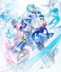  4girls absurdres aqua_hair arms_up beret bird black_bow black_gloves blue_coat blue_jacket bow coat dove fur-trimmed_coat fur_trim gloves hair_between_eyes hair_ornament hat hatsune_miku highres jacket jie_xiaoming kagamine_rin long_hair long_sleeves megurine_luka meiko_(vocaloid) miku_symphony_(vocaloid) multiple_girls open_mouth pink_hair plaid_clothes plaid_skirt pleated_skirt skirt twintails very_long_hair vocaloid white_hat white_jacket 