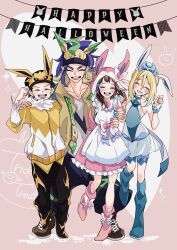  2boys 2girls adaman_(pokemon) akari_(pokemon) alternate_costume animal_ears black_hair black_pants blonde_hair blue_boots blue_dress blue_hair blue_socks blush boots bow bracelet breasts brown_coat brown_hair closed_eyes coat cocoa_s3 collarbone cosplay dress eyebrow_cut facing_viewer fake_animal_ears frills glaceon glaceon_(cosplay) green_hair hairband halloween halloween_costume hat highres irida_(pokemon) jacket jewelry jolteon jolteon_(cosplay) kneehighs leafeon leafeon_(cosplay) long_hair long_sleeves multicolored_hair multiple_boys multiple_girls open_clothes open_coat open_mouth pants pink_boots pink_dress pink_socks pokemon pokemon_legends:_arceus rei_(pokemon) shirt shoes short_hair sleeveless sleeveless_shirt smile socks sylveon sylveon_(cosplay) teeth yellow_jacket 
