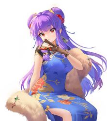  1girl brown_gloves china_dress chinese_clothes closed_mouth double_bun dress earrings feather_boa gloves hair_bun houchi_shoujo jewelry long_hair official_art pale_skin purple_hair ranma_1/2 red_eyes shampoo_(ranma_1/2) sitting smile solo split_mouth very_long_hair 