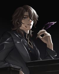  absurdres black_background black_coat blue_eyes brown_hair coat feathers genshin_impact highres holding holding_feather ink long_sleeves looking_at_viewer open_mouth quill rerir_(genshin_impact) teeth vanta_(vantax_art) 