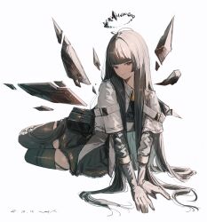  ahoge arknights ascot bag black_ascot black_bag black_eyes black_halo black_skirt black_thighhighs blunt_bangs blunt_sidelocks broken_halo commentary_request crown dark_halo dated detached_wings dot_nose energy_wings gloves hair_intakes halo highres jacket long_hair looking_at_viewer mole mole_under_eye pppmepl short-sleeved_jacket short_sleeves sidelocks signature simple_background skirt smile thigh-highs very_long_hair virtuosa_(arknights) white_background white_gloves wings zettai_ryouiki 