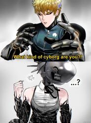  1boy 1girl absurdres apron black_apron black_gloves black_ribbon black_sclera blonde_hair blue_jacket bomb_devil_(chainsaw_man) chainsaw_man collared_shirt colored_sclera cyborg devovas elbow_gloves english_text genos gloves grenade_pin highres jacket mechanical_arms neck_ribbon object_head one-punch_man ribbon shirt short_hair sleeveless sleeveless_jacket sleeveless_shirt subtitled white_shirt zipper zipper_pull_tab 