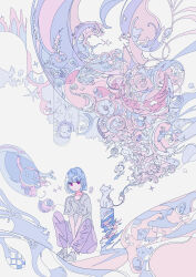  1girl abstract absurdres animal between_legs blue_hair cat closed_mouth commentary_request dot_nose expressionless full_body grey_shirt hand_between_legs hato_(n_hat_mu) highres knees_up ligne_claire looking_at_viewer original pants pink_eyes shirt short_hair short_sleeves simple_background solo 