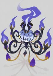  absurdres blue_eyes chandelier chandelure fire full_body ghost highres komanychi mega_chandelure mega_pokemon no_humans pokemon pokemon_(creature) pokemon_focus pokemon_legends:_z-a purple_fire simple_background solo yellow_eyes 