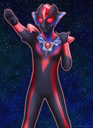  1girl absurdres alien arm_up armor black_skin blue_background breasts color_timer colored_skin commentary compound_eyes dark_persona giant giantess glowing glowing_eyes hand_up hetareman highres legs_apart looking_ahead multicolored_skin pinky_out pointy_ears purple_skin red_eyes red_skin shaka_sign shoulder_armor small_breasts solo standing star_(sky) starry_sky_background tokusatsu toned toned_female twitter_username ultra_galaxy_(series) ultra_galaxy_fight:_the_destined_crossroad ultra_series ultrawoman_grigio_darkness 