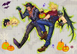  2boys animal_ears armor artist_name bat_(animal) bat_wings belt black_belt black_boots black_collar black_gloves black_hair black_jacket black_wings blonde_hair blue_pants blue_sweater blush_stickers boots brown_pants brown_shoes bullet cape chibi chibi_inset claw_pose claws closed_eyes cloud_strife collar dog_ears earrings fake_claws final_fantasy final_fantasy_vii final_fantasy_vii_ever_crisis fingerless_gloves full_body gloves green_outline hair_slicked_back highres hood hood_down hoodie jack-o'-lantern jacket jewelry kemonomimi_mode kingdom_hearts kingdom_hearts_i kiss kissing_cheek kittycatzovi leather leather_jacket light_smile lock long_hair male_focus multiple_belts multiple_boys official_alternate_costume orange_hoodie outline padlock padlocked_collar pants pauldrons red_cape shoes short_hair shoulder_armor silk single_pauldron single_wing sleeveless sleeveless_sweater spider_web spiky_hair stud_earrings sweater torn_cape torn_clothes walking wings zack_fair zack_fair_(black_hound) 