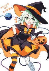  +++ 1girl absurdres alternate_costume bandaged_arm bandaged_leg bandages basket black_cape black_dress black_gloves black_hat black_thighhighs bow bowtie cape commentary_request dress english_text eyeball fang gloves green_eyes green_hair halloween halloween_costume hat highres holding holding_basket jack-o&#039;-lantern komeiji_koishi leaning_forward long_hair looking_at_viewer open_mouth orange_bow orange_bowtie orange_cape orange_thighhighs pioartstuff simple_background single_thighhigh skin_fang smile solo striped_clothes striped_thighhighs thigh-highs third_eye touhou trick_or_treat two-sided_cape two-sided_fabric two-tone_thighhighs white_background witch_hat 