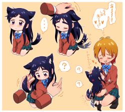  ... 2girls ? absurdres animal_ears arms_between_legs black_hair black_socks blazer blue_bow blue_bowtie blue_skirt blush border bow bowtie closed_eyes closed_mouth diagonal-striped_bow diagonal-striped_bowtie diagonal-striped_clothes dog_ears dog_girl dog_tail ears_down futari_wa_precure hair_ornament hairclip hands_on_another&#039;s_chest headpat heart heart_hair_ornament highres jacket kemonomimi_mode kneehighs long_hair long_sidelocks long_sleeves mini_person minigirl miniskirt misumi_nagisa mizin_kosutin multiple_girls multiple_views open_mouth orange_hair outline plaid_clothes plaid_skirt pleated_skirt precure red_jacket school_uniform seiza shirt short_hair sidelocks simple_background sitting skirt socks speech_bubble spoken_ellipsis spoken_question_mark striped_bow striped_bowtie striped_clothes tail tail_wagging thick_eyebrows third-party_source thought_bubble verone_gakuin_school_uniform violet_eyes white_border white_outline white_shirt yellow_background yukishiro_honoka 