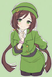  1girl black_pantyhose blush bowler_hat breasts brown_hair buttons closed_mouth commentary_request double-breasted green_background green_eyes green_hat green_jacket green_skirt hat hayakawa_tazuna horseshoe_hat_ornament horseshoe_ornament jacket long_hair long_sleeves looking_at_viewer mauve pantyhose shirt simple_background skirt skirt_suit smile solo split_ponytail suit umamusume 