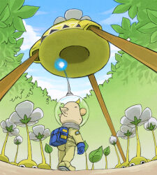  1boy backpack bag big_nose black_eyes blonde_hair blue_bag blue_gloves blue_sky bud buried bush clenched_hand closed_mouth clouds colored_skin commentary_request day expressionless flower from_behind full_body gloves helmet leaf light_frown looking_at_viewer looking_back louie_(pikmin) male_focus naru_(wish_field) onion_(pikmin) outdoors patch pikmin_(creature) pikmin_(series) pointy_ears radio_antenna short_hair sky space_helmet spacesuit standing very_short_hair white_flower yellow_pikmin yellow_skin 