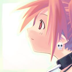  1girl archived_source asami_natsuhito black_collar border close-up closed_mouth collar disgaea etna_(disgaea) expressionless from_side green_border green_outline half_updo harada_takehito_(style) jewelry lowres makai_senki_disgaea necklace nippon_ichi no_lineart o-ring_collar outline pointy_ears profile red_eyes simple_background skull_necklace upper_body white_background 