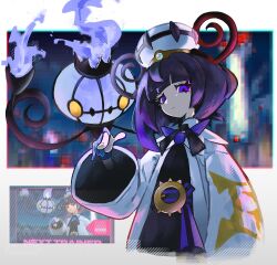  1girl black_dress black_hair blue_fire blue_gloves blunt_bangs blurry blurry_background bob_cut chandelier chandelure closed_mouth coat dress fire game_screenshot_inset gloves gradient_hair gwynn_(pokemon) hat highres long_sleeves looking_at_viewer mega_stone multicolored_hair open_clothes open_coat partially_fingerless_gloves pokemon pokemon_(creature) pokemon_legends:_z-a purple_hair shakeeeeeeeee short_hair violet_eyes white_coat yellow_eyes 