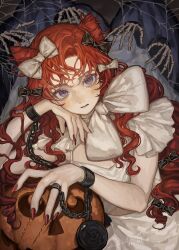  1girl absurdres blush bow cone_hair_bun crying cuffs double_bun hair_bow hair_bun halloween handcuffs highres jack-o&#039;-lantern long_hair looking_at_viewer multiple_hair_bows original pumpkin red_hair red_nails sayoko_(sayosny2) shirt silk solo spider_web tears upper_body violet_eyes white_shirt 