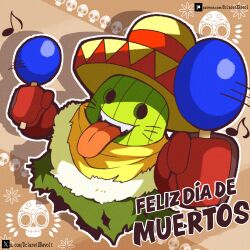  commentary dclaret dia_de_muertos digimon digimon_(creature) english_commentary fangs highres mexican_clothes mittens mixed-language_commentary musical_note no_humans open_mouth outline poncho ponchomon red_mittens solo spanish_commentary spanish_text tongue tongue_out whiskers white_outline 