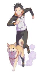  1boy :d artist_request black_hair black_pants black_shoes dog full_body grin highres jacket leash long_sleeves male_focus natsuki_subaru pants raglan_sleeves re:zero_kara_hajimeru_isekai_seikatsu running second-party_source shiba_inu shoes short_hair simple_background smile sneakers solo teeth tongue tongue_out white_background zipper 