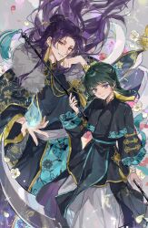  1boy 1girl alternate_costume bandaged_leg bandages beads blue_fire blue_ribbon blunt_bangs chinese_clothes fire floating_hair floral_print freckles fur_collar gold_trim green_hair hair_beads hair_ornament hair_ribbon hairpin highres holding holding_flame holding_staff jinshi_(kusuriya_no_hitorigoto) kusuriya_no_hitorigoto long_hair long_sleeves looking_at_viewer maomao_(kusuriya_no_hitorigoto) purple_hair ribbon smile staff tassel wide_sleeves yuikisezu 