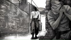  2boys belt belt_pouch boots cargo_pants chain-link_fence combat_boots covered_mouth faceless faceless_male fence frimomen_(voicepeak) greyscale gun hand_in_pocket highres holding holding_gun holding_weapon j1u_zzz looking_at_another medium_hair monochrome multiple_boys official_art on_wall outdoors pants pouch road shaded_face shirt short_hair squatting street synthesizer_v weapon white_shirt wolf_cut 