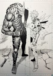  2boys abs ammunition_pouch armor belt_pouch biceps broken_ground clenched_hand commentary_request floating floating_object floating_weapon full_body greyscale hair_between_eyes hand_on_own_hip hibino_kafka hibino_kafka_(kaiju_form) highres horns ichikawa_reno kaijuu_no._8 looking_at_viewer male_focus mask monochrome monster_boy multiple_boys muscular muscular_male pouch power_armor respirator rubble sharp_teeth short_hair skull skull_head spiky_hair standing tatsu_yukinobu teeth thumbs_up traditional_media v-shaped_eyebrows weapon white_hair 