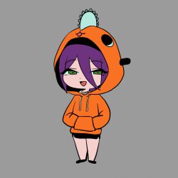  1girl chainsaw_man character_hood green_eyes grey_background hair_between_eyes hands_in_pockets hood hood_up hoodie nakajima_(user111860274) open_mouth orange_hoodie pochita_(chainsaw_man) purple_hair reze_(chainsaw_man) simple_background 