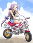  denim_shorts fate/stay_night fate_(series) glasses long_hair minibike motor_vehicle motorcycle ponytail popsicle purple_hair rider shorts sitting solo suika_bar vehicle very_long_hair 