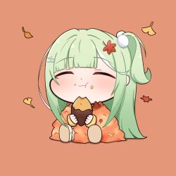  1girl :t absurdres autumn_leaves chibi chibi_only closed_eyes closed_mouth eating falling_leaves food food_bite food_on_face full_body green_hair hair_ornament hairclip happy hashtag-only_commentary highres holding holding_food leaf leaf_on_head leaf_pile long_hair long_sleeves multicolored_hair one_side_up orange_background parallel_hairclips parted_bangs pom_pom_(clothes) pom_pom_hair_ornament s4n2 simple_background sitting solo stellive streaked_hair virtual_youtuber yuzuha_riko 