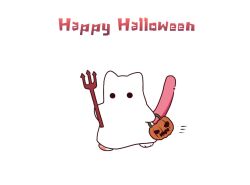  1girl animal_ears assault_lily cat_ears cat_girl cat_tail chibi covered_face full_body ghost_costume halloween halloween_bucket halloween_costume happy_halloween holding holding_polearm holding_weapon jack-o&#039;-lantern kemonomimi_mode looking_at_viewer motion_lines nigari_(ngari_0115) paw_shoes polearm running sheet_ghost shiba_tomoshibi simple_background solo tail tail_raised trident weapon white_background 