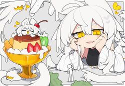  1girl 1other ahoge animal_ears black_shirt cherry closed_eyes colored_tongue commentary_request creature dorodra_(kisaragi_kaya) food food_on_head fruit fruit_on_head hair_between_eyes hair_flaps hands_on_own_cheeks hands_on_own_face ice_cream kisaragi_kaya kiwi_(fruit) kiwi_slice long_hair long_sleeves looking_at_another mini_person monster_girl multiple_views object_on_head off-shoulder_sweater off_shoulder open_mouth orange_(fruit) orange_slice original pudding_a_la_mode shirt sidelocks sleeveless sleeveless_shirt smile strawberry strawberry_slice sweater turtleneck turtleneck_shirt very_long_hair white_hair white_sweater wide_sleeves yellow_eyes yellow_tongue 