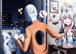  1boy 1girl 3others absurdres ahoge animal_ears bat_(animal) bat_ornament black_jacket blue_eyes bolt_(hardware) bowl bug candy cheek_bulge cosplay ear_ornament eating food frankenstein&#039;s_monster frankenstein&#039;s_monster_(cosplay) ghost_costume glutton grey_hair hair_between_eyes halloween halloween_costume hat highres holding horse_ears horse_girl jack-o&#039;-lantern jack-o&#039;-lantern_ornament jacket long_hair long_sleeves manjo_(warito) mini_hat mini_top_hat multicolored_hair multiple_others night night_sky object_through_head oguri_cap_(umamusume) open_clothes open_door open_jacket orange_shirt photo_(object) picture_frame pumpkin screw_in_head sheet_ghost shirt sky speech_bubble spider spider_ornament stitches t-head_trainer_(umamusume) thought_bubble top_hat trainer_(umamusume) trick-or-treating trick_or_treat umamusume white_shirt 