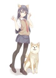  1girl animal_ear_hairband animal_ears artist_request black_hair black_pantyhose breasts brown_shoes brown_sweater_vest closed_mouth collared_shirt dog dog_ears fake_animal_ears full_body grey_skirt hair_ornament hairband hairclip highres loafers long_hair looking_at_viewer minegahara_high_school_uniform necktie pantyhose pleated_skirt rabbit_hair_ornament red_necktie sakurajima_mai school_uniform second-party_source seishun_buta_yarou shiba_inu shirt shoes short_sleeves skirt smile solo standing summer_uniform sweater_vest white_shirt 