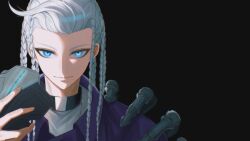  1boy black_background black_collar blue_eyes braid collar eyelashes hashtag-only_commentary highres hira_icigocha holding holding_mask jewelry long_hair looking_at_viewer male_focus mask multiple_braids necklace simple_background smile solo straight-on tribe_nine white_hair zero_(tribe_nine) 