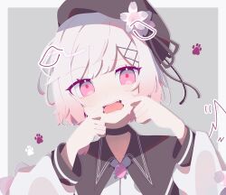  1girl animal_ears beret black_choker black_hat border choker commentary_request dog_ears dog_tail drawn_ears drawn_tail flower gradient_hair grey_background hair_flower hair_ornament hands_up hat highres long_sleeves looking_at_viewer mahou_shoujo_no_majo_saiban mint_onyo mouth_pull multicolored_hair neck_ribbon open_mouth pink_eyes pink_hair ribbon sakuraba_ema short_hair solo tail upper_body white_border white_flower white_hair white_ribbon x_hair_ornament 
